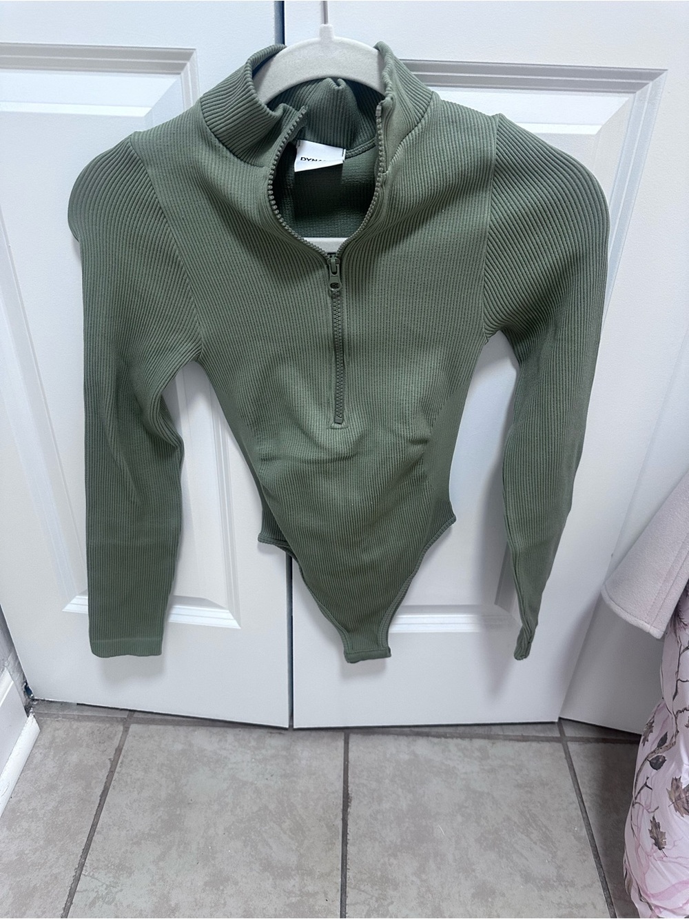 Half-Zip Ribbed Bodysuit in Olive Green